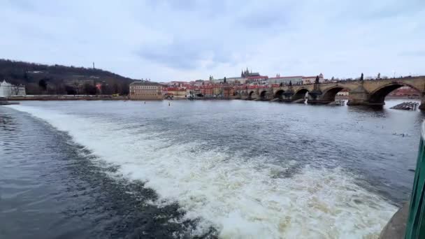 View Historic Charles Bridge Vitus Cathedral Smetana Embankment Vltava River — Stock Video