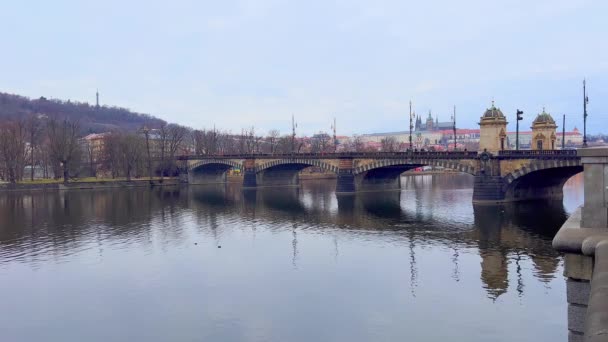 歴史的な石は リージョンブリッジをアーカイブし バックグラウンド プラハ チェコの聖ヴィタス大聖堂とヴァルタ川表面にその反射 — ストック動画
