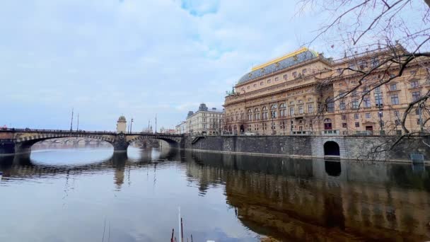 National Theatre Legion Bridge Mirror Vltava River Prague Czech Republic — Stock video
