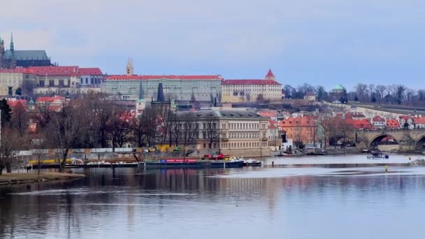 Vltava河的城市景观 Mala Strana的红色屋顶旧房屋 布拉格城堡和圣维他斯大都会大教堂 查尔斯桥 捷克共和国古城水塔 — 图库视频影像