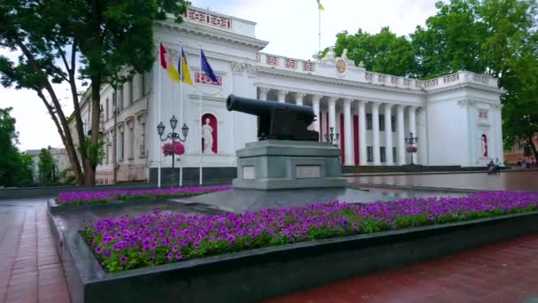 Ruch Wzdłuż Pomnika Armaty Malowniczego Neoklasycystycznego Budynku Urzędu Miasta Odesy — Wideo stockowe
