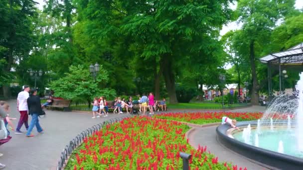 Odesa Ukraine 2021年6月18日 ヴィンテージ噴水 明るい花壇 背の高い緑の木 バックグラウンドの夏の家 6月18日オデッサで — ストック動画