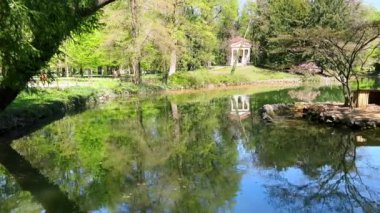Arka planda küçük ayna benzeri gölet (Laghetto di Villa Reale) (Isoletta delle Anatre), yaban ördekleri, yemyeşil ağaçlar ve Doric Lake Temple (Kuğu Gölü Tapınağı) ile dolu küçük adacık manzarası, Monza Royal Gardens, İtalya