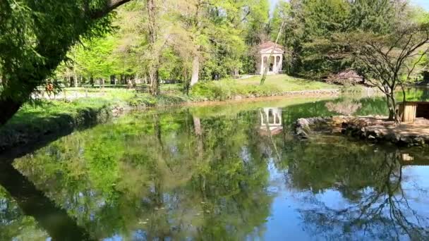 小さなイズレット イソレッタ デッラ アナシアター を持つ小さなミラーのような池のパノラマは バックグラウンド モンツァ ロイヤルガーデンズ イタリアのモンツァ ロイヤルガーデンズ — ストック動画