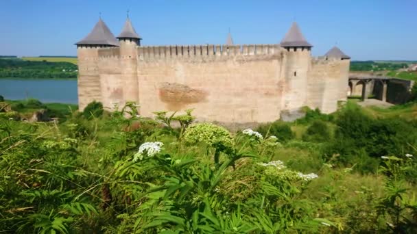 Wildflowers Grasses Swaying Wind Front Medieval Khotyn Fortress Located Bank — Stockvideo