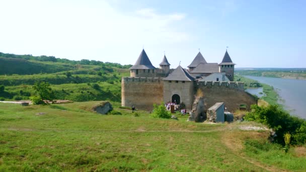 Medieval Khotyn Fortress Hilly Bank Dniester River Ukraine — Stock Video