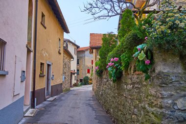 Bahçe ve eski evlerde çiçek açan Bre köyünün eski sokağı, Ticino, İsviçre