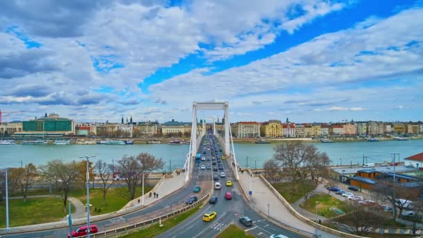 Včasný Průběh Rychlého Provozu Mostě Elisabeth Přes Dunaj Větrného Dne — Stock video