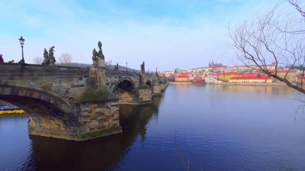 Užijte Procházku Řece Výhledem Středověký Klenutý Kámen Vytesaný Karlův Most — Stock video
