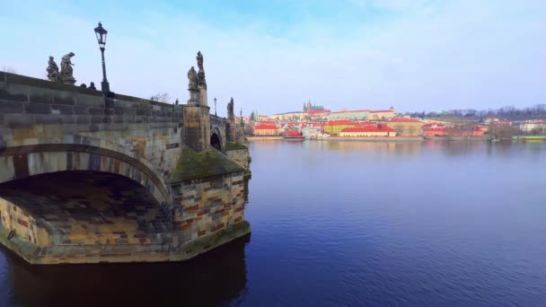 Das Stadtbild Mit Der Ikonischen Geschnitzten Karlsbrücke Karluv Most Vor — Stockvideo