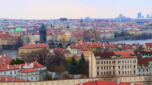 Castle Hill Çatıları Kıvrımlı Vltava Nehri Gotik Eski Şehir Köprüsü — Stok video