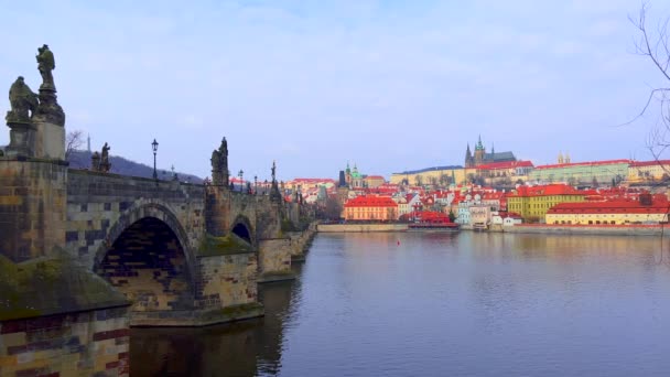 Εκσκαφή Του Ποταμού Vltava Παρατηρώντας Γέφυρα Του Καρόλου Πέτρινες Καμάρες — Αρχείο Βίντεο