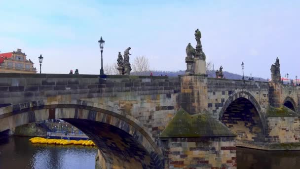 布拉格的城市象征和主要地标全景 查尔斯桥 Vltava河和布拉格城堡 顶部是捷克共和国哥特式圣维特斯主教座堂 — 图库视频影像