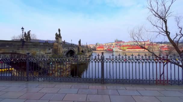 Walk Fence Embankment Vltava River View Charles Bridge Vitus Cathedral — Stock Video