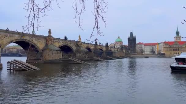 Tourist Boat Floating Arch Charles Bridge Vltava River Prague Czech — Stok video