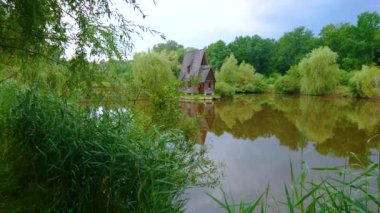 Ukrayna 'nın Lviv Bölgesi, Zbrui Köyü' ndeki Styr av çiftliğindeki adacık üzerinde eski ahşap avcısının evinin bulunduğu orman gölünün panoraması.