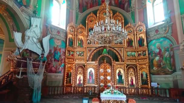 Panoramic Interior Transfiguration Church Basilian Monastery Yasna Hora Gilt Iconostasis — Stock Video