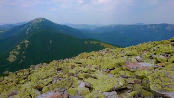 明るい緑のボールダーの穏やかな斜面を眺めるホモヒヤ山の頂上からのパノラマ 背景のレンガと美しい山の景色 ゴーガニー山脈 ブコベル ウクライナ — ストック動画