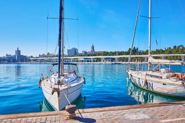 İspanya 'nın Malaga Limanı' nın arkasındaki yatların arasından görünen, Palm Grove of Surprises 'ın modern beyaz gölgesinin manzarası.