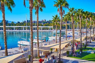MALAGA, İspanya - 28 Eylül 2019 Malaga 'daki Malaga limanındaki sahil geçidini uzun palmiyeler dekore ediyor.