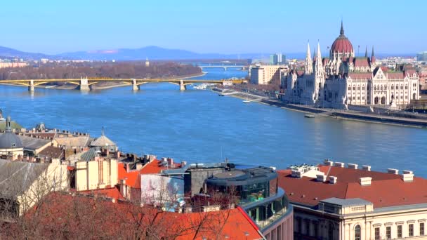 Městská Krajina Budapešti Řekou Dunaj Margaret Bridge Margaret Island Gotický — Stock video