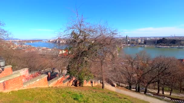 Panorama Cidade Parque Verde Encosta Buda Castle Hill Com Parede — Vídeo de Stock