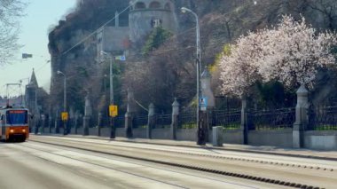 Macaristan 'ın Budapeşte kentindeki Gellert Tepesi eteğinde Szent Gellert seti üzerinde klasik sarı tramvay turu.