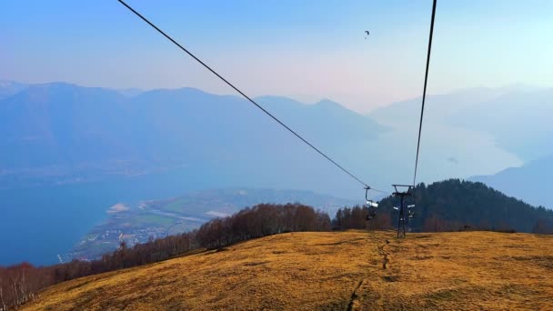 Sunny Hazy Mountain Landscape Lake Maggiore Cimetta Mount Chairlift Riding — Stock Video