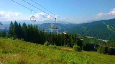 Sıralı Gorgany Panoraması 'nda, ön planda teleferikler ve dağ çayırları, Bukovel, Karpatlar, Ukrayna