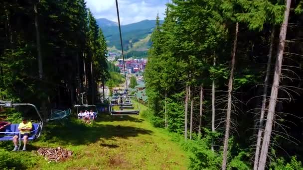 Bukovel Ukraine July 2021 Enjoy Chairlift Ride Tall Coniferous Forest — Stock Video