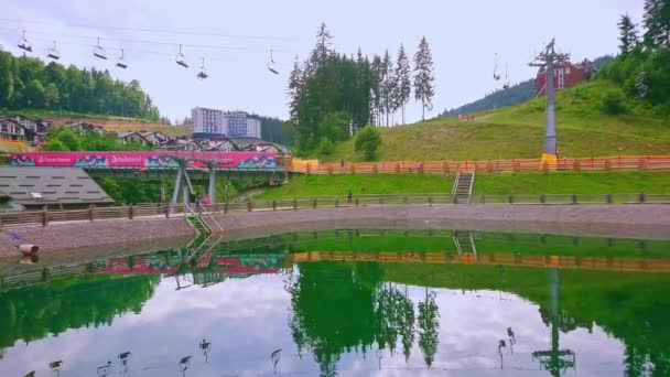 Bukovel Ukraine July 2021 Panorama Mountain Valley Trout Pond Restaurants — Stock Video