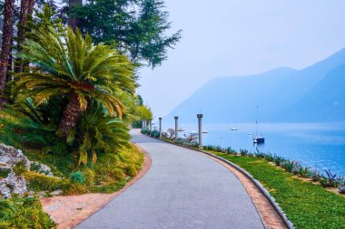 Lugano Gölü üzerindeki Park Villa Heleneum göl yolu, Lugano, İsviçre