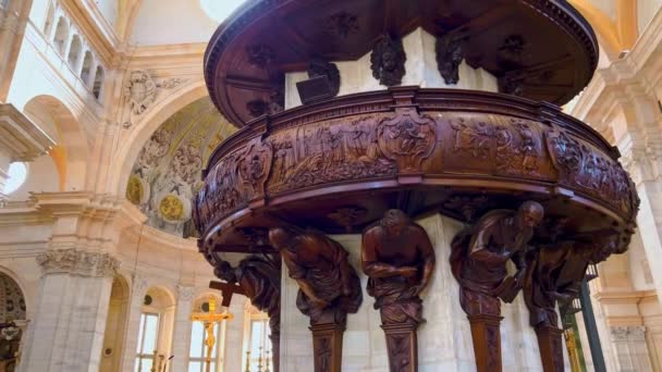 Pavia Italy April 2022 Vertical Panorama Carved Wooden Pulpit White — Stock Video