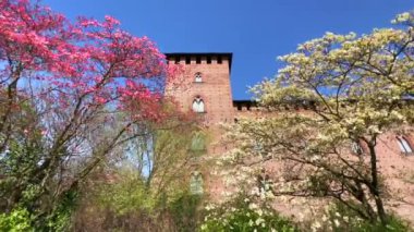 Ortaçağ Visconti Kalesi 'nin bahçesi Cornus Florida' nın ağaçlarının açtığı rüzgarlı bir günde, Pavia, İtalya