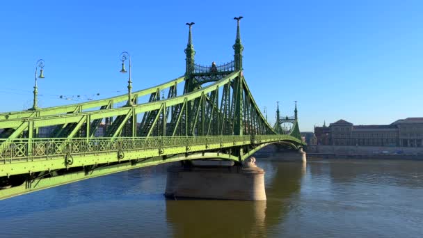ブダとペストの間のダヌーブ川とリバティ橋 ブダペスト ハンガリーの2つの銀行を結ぶ — ストック動画