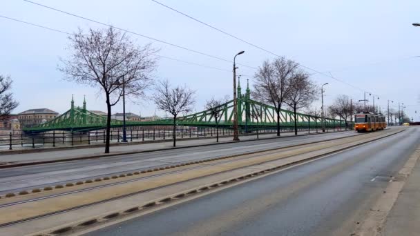 Tram Gialli Scendono Argine Del Danubio Contro Ponte Verde Liberty — Video Stock