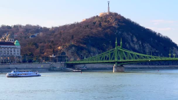 Вид Дунай Мостом Свободы Холмом Геллерт Заднем Плане Будапешт Венгрия — стоковое видео