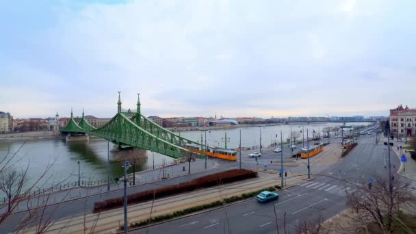 Plac Szent Gellert Nabrzeże Dunaju Ozdobny Most Liberty Wzgórza Gellert — Wideo stockowe