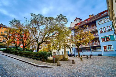 Sessiz Spiegelgasse caddesi, küçük bahçesi ve ortaçağ evleri, Zürih, İsviçre