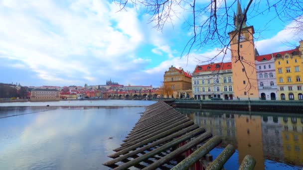 Wooden Icebreaker Vltava River Medieval Old Town Water Tower Charles — Stock Video