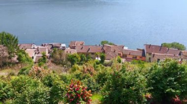 Morcote, Lugano Gölü ve Alpleri 'nin kırmızı çatılarının üstündeki dağ yamacında çiçek açan kamelya bahçesi.