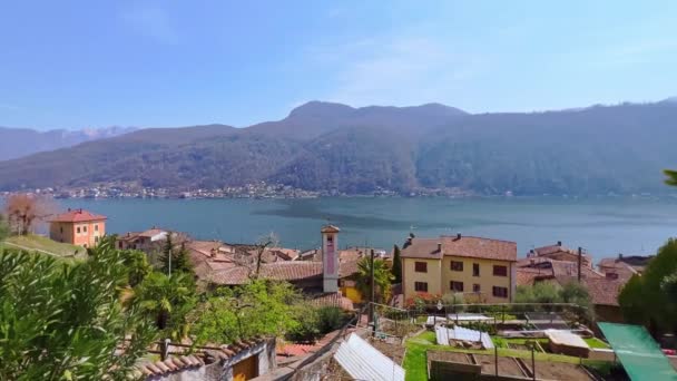 Jezioro Lugano Morcote Panorama Wsi Widokiem Stare Domy Dachówki Zielone — Wideo stockowe