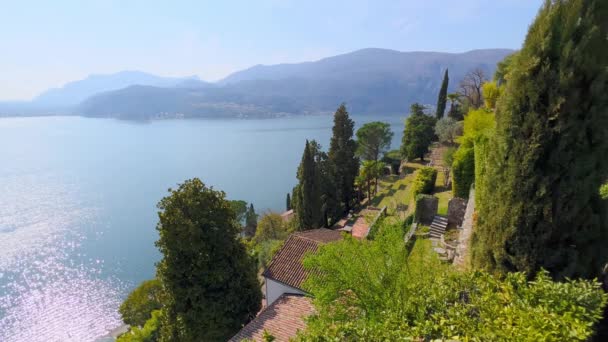 Green Terraces Scherrer Park Blue Surface Lake Lugano Surrounded Alps — Stok video