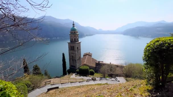 Picturesque Lugano Lake Surrounded Alps Tall Bell Towr Santa Maria — Wideo stockowe