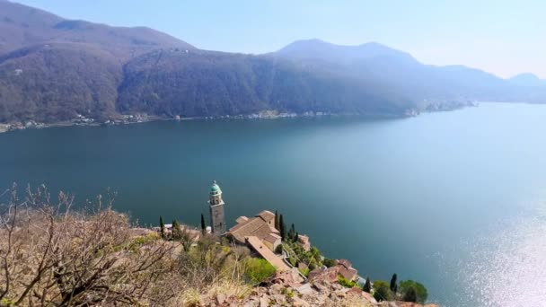Desfrute Vista Panorâmica Superior Lago Lugano Torre Sineira Igreja Santa — Vídeo de Stock