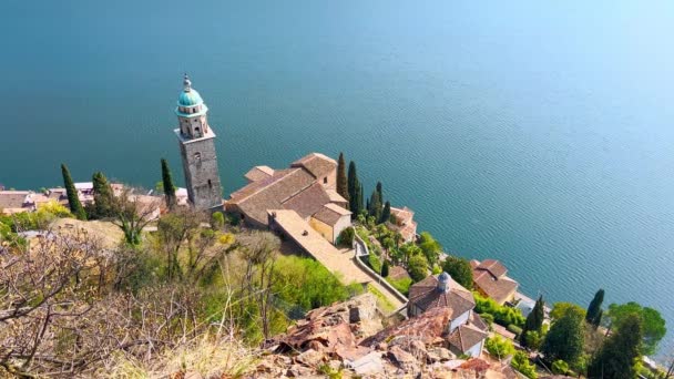 Morcote Castle Hill Παρατηρεί Γαλάζιο Lake Lugano Παλιά Πόλη Στέγες — Αρχείο Βίντεο