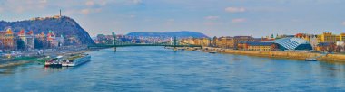 Panoramic view of Danube, Gellert Hill, Buda Castle, Liberty Bridge and Balna from Petofi Bridge, Budapest, Hungary clipart