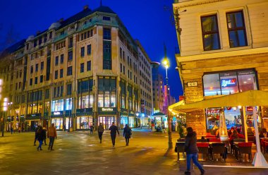 BUDAPEST, HUNGARY - 3 Mart 2022 Pest 'teki pırıl pırıl aydınlatılmış Vorosmarty Meydanı, marka butikleri ve turist dükkanları, Budapeşte, Macaristan