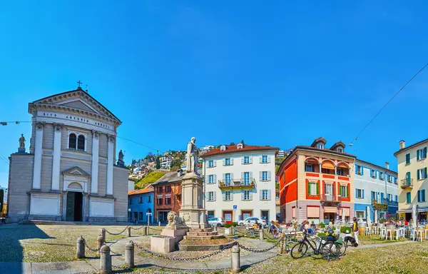 stock image Panorama of the old Piazza Sant'Antonio with historic houses, monument to Giovanni Antonio Marcacci and St Anthony Church, Locarno, Ticino, Switzerland