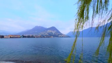 Monte Bre ve Monte Boglia 'nın parlak mavi Lugano Gölü ve söğüt dallarının arkasında rüzgarda savrulan küçük bahar yaprakları, Lugano, İsviçre